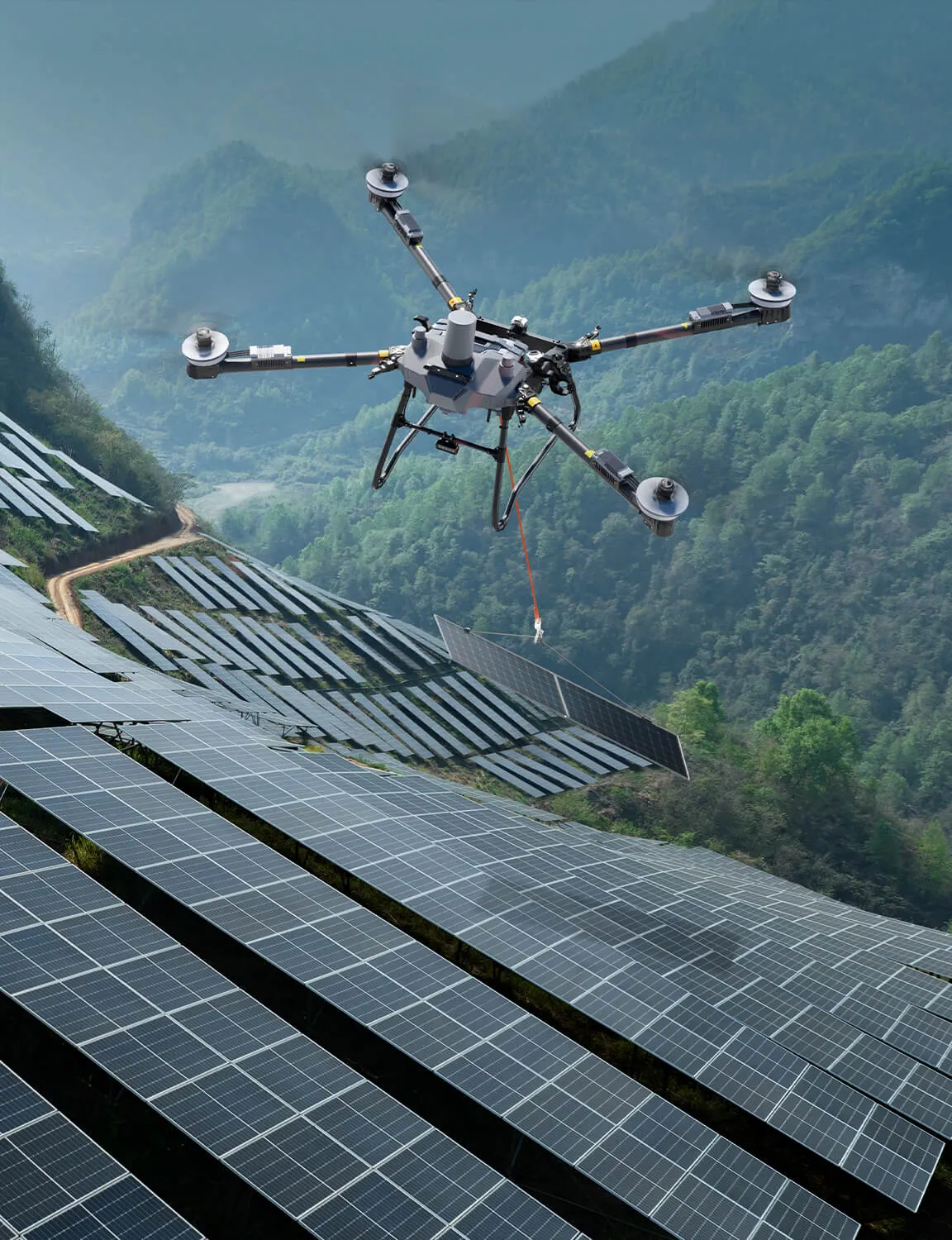 Dron trasladando un panel solar sobre una instalación en ladera