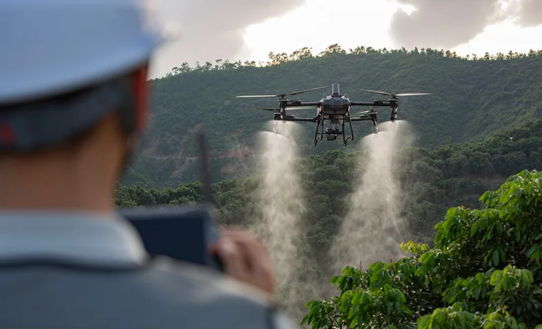 Piloto certificado controlando un dron que aplica sobre una ladera